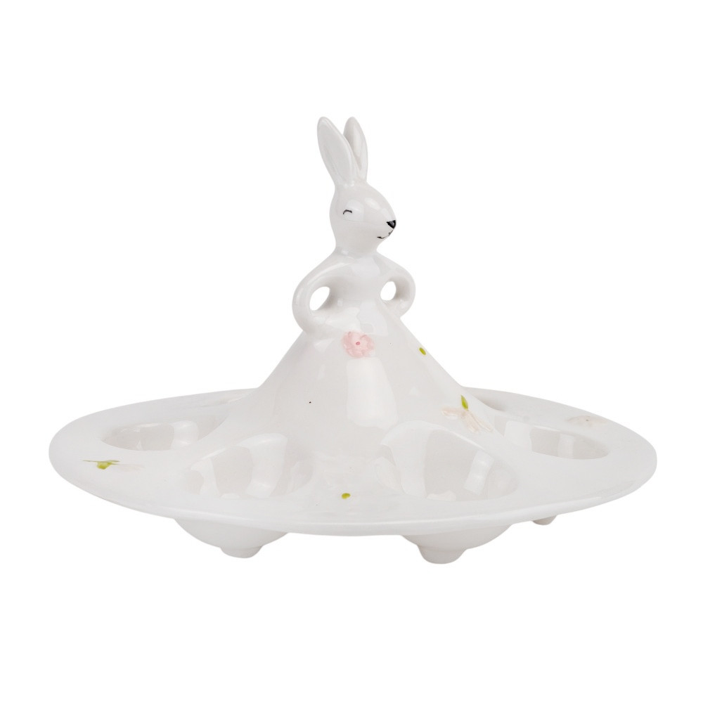 Блюдо підставка для 6 яєць "Білий кролик у саду" керамічна діаметр 17 см, фото 1