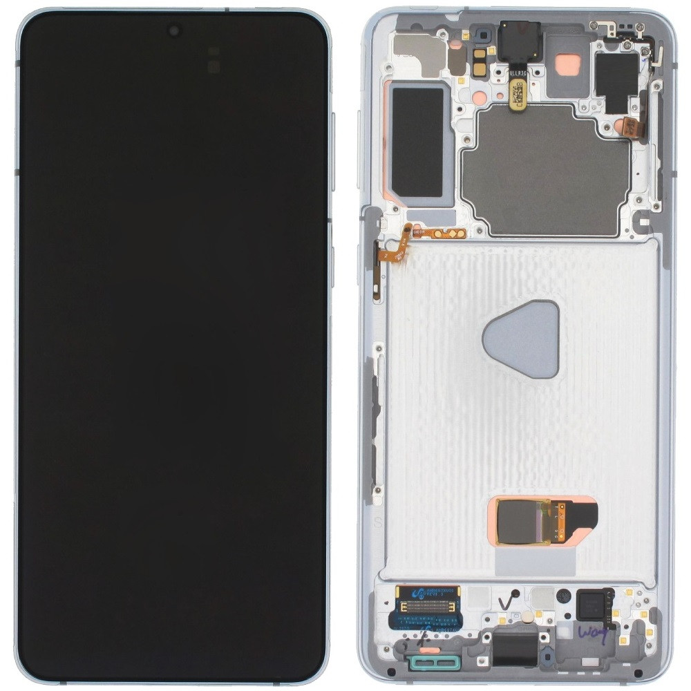 Дисплей Samsung G991 Galaxy S21 5G чорний, OLED, з рамкою сріблястого кольору, Phantom White, фото 1