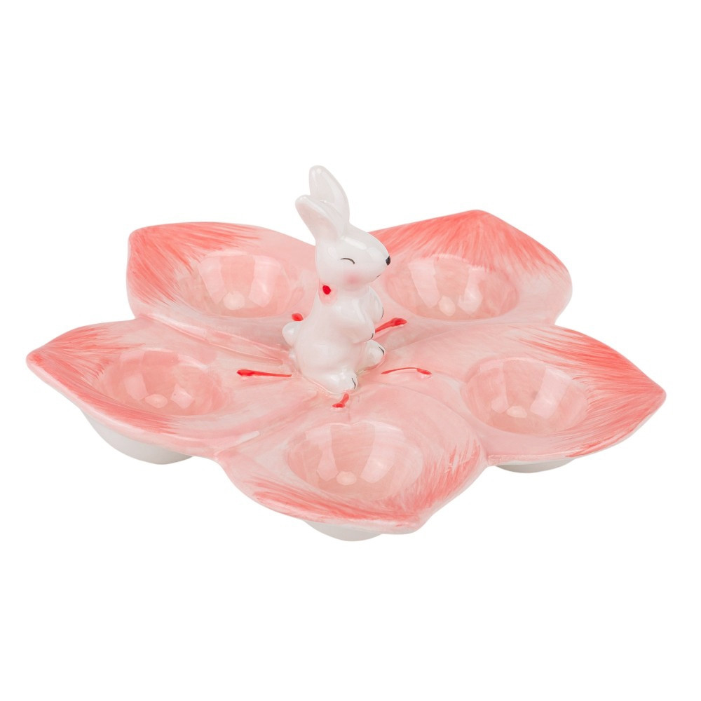 Блюдо підставка для 5 яєць "Весняний сад" з великоднім кроликом керамічна діаметр 18 см, фото 1