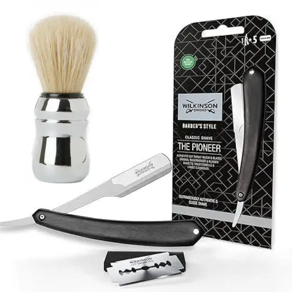 Небезпечна бритва Wilkinson Sword Barber's Style The Pioneer + 5 лез + Proraso пензлик для гоління професійний