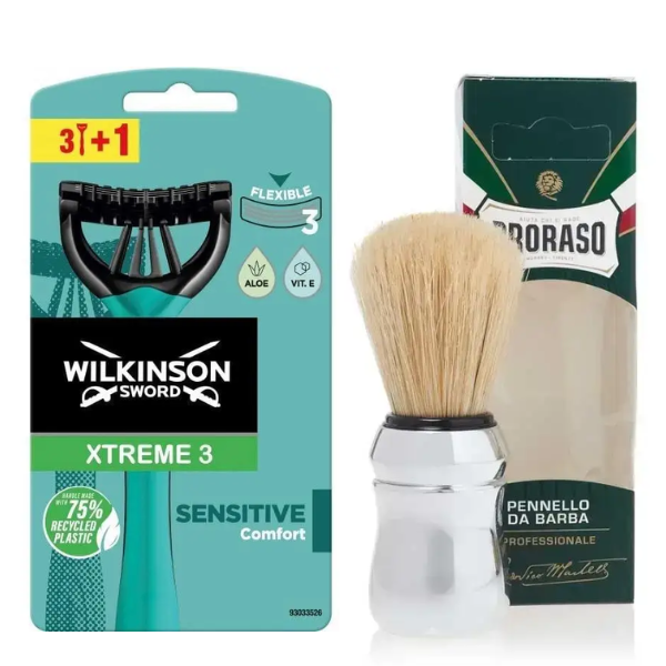 Чоловічі одноразові станки Wilkinson Sword Xtreme 3 Sensitive 3+1 + Proraso пензлик для гоління професійний
