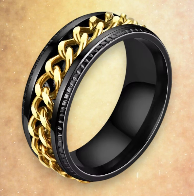 Стильна чорна каблучка з нержавіючої сталі з обертовими золотистими ланцюжками 22, фото 1