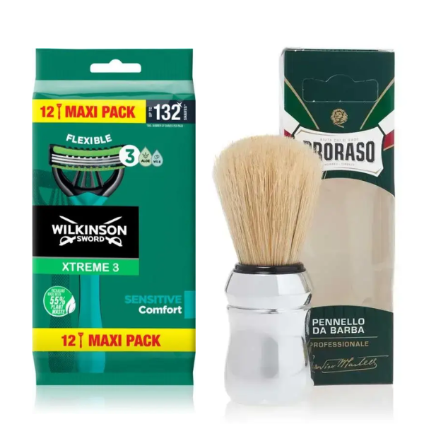 Одноразові станки Wilkinson Sword Xtreme 3 Sensitive (12 шт.) + Proraso пензлик для гоління професійний