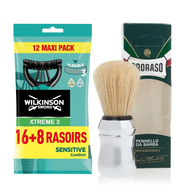 Одноразові станки Wilkinson Sword Xtreme 3 Sensitive (16+8 шт.) + Proraso пензлик для гоління професійний