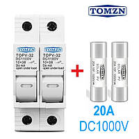 Держатель с 2-мя предохранителями по 20А 2P 10х38мм 1000V DC для солнечных панелей (PV систем) TOMZN TOPV-32 D