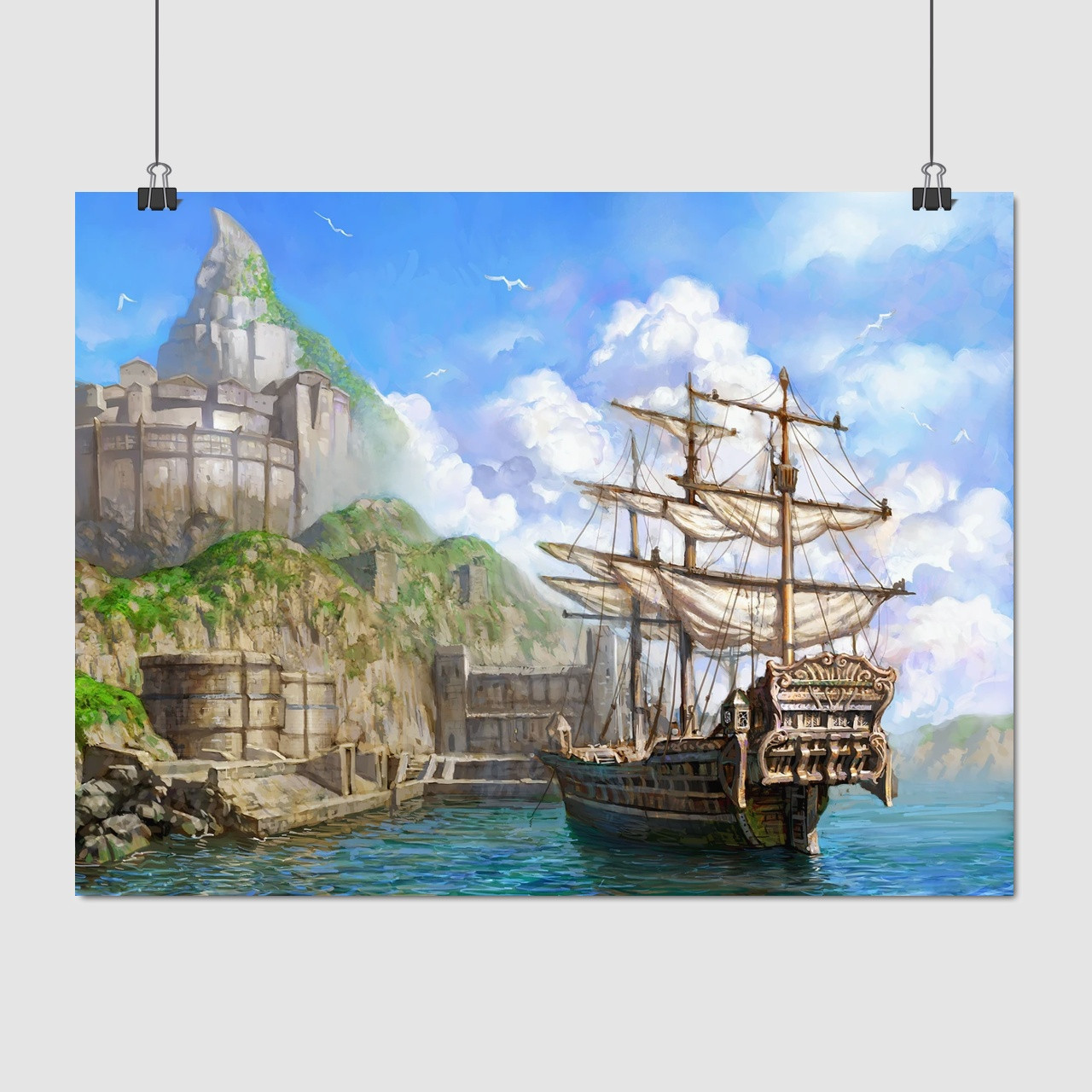Плакат "Корабель у порту, море та фортеця, Lineage", 45×60см
