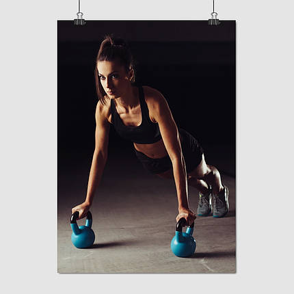 Плакат "Бодібілдерша віджимається на гирях", 60×43см, фото 1
