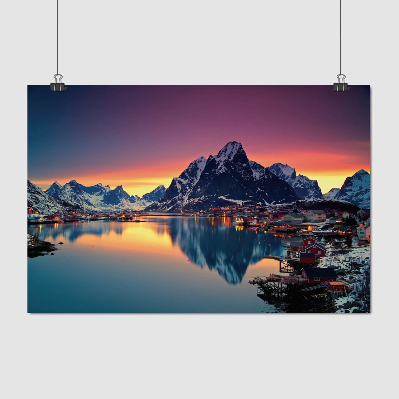 Плакат "Скандинавське селище та відбиття гори у воді", 40×60см