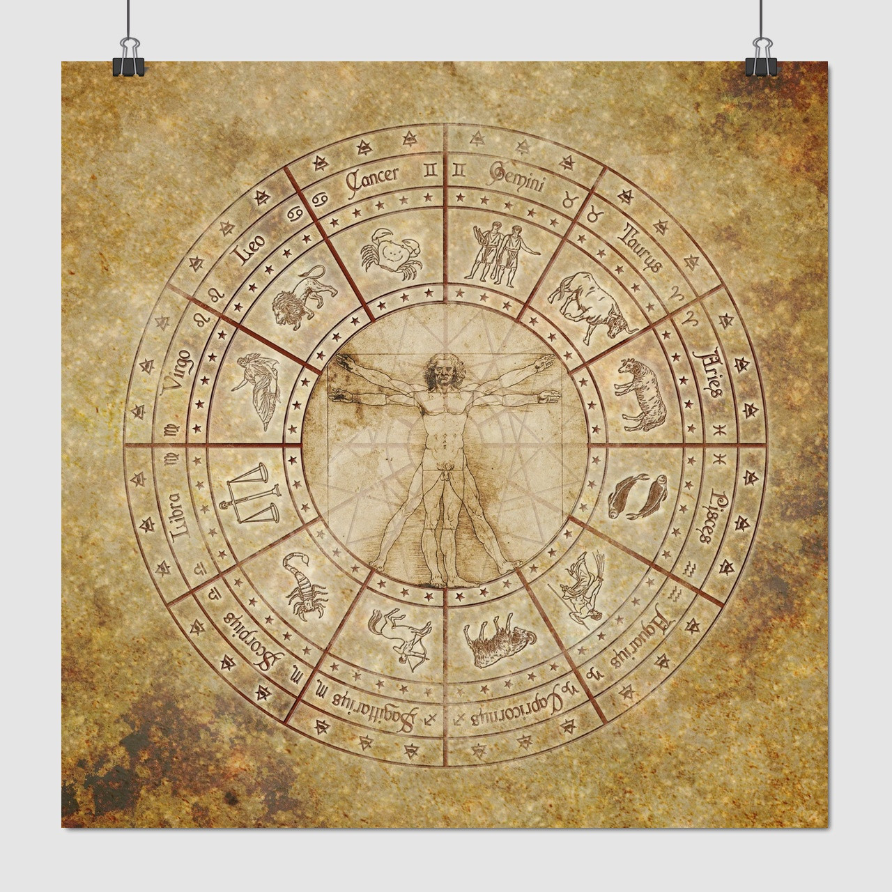 Плакат "Знаки зодіаку, Леонардо да Вінчі, Вітрувіанська людина", 60×60см