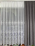 Тюль бамбук із сірою вишивкою. Тюль у зал із сірим вензелем. Сіра тюль, фото 2