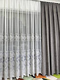 Тюль бамбук із сірою вишивкою. Тюль у зал із сірим вензелем. Сіра тюль, фото 8