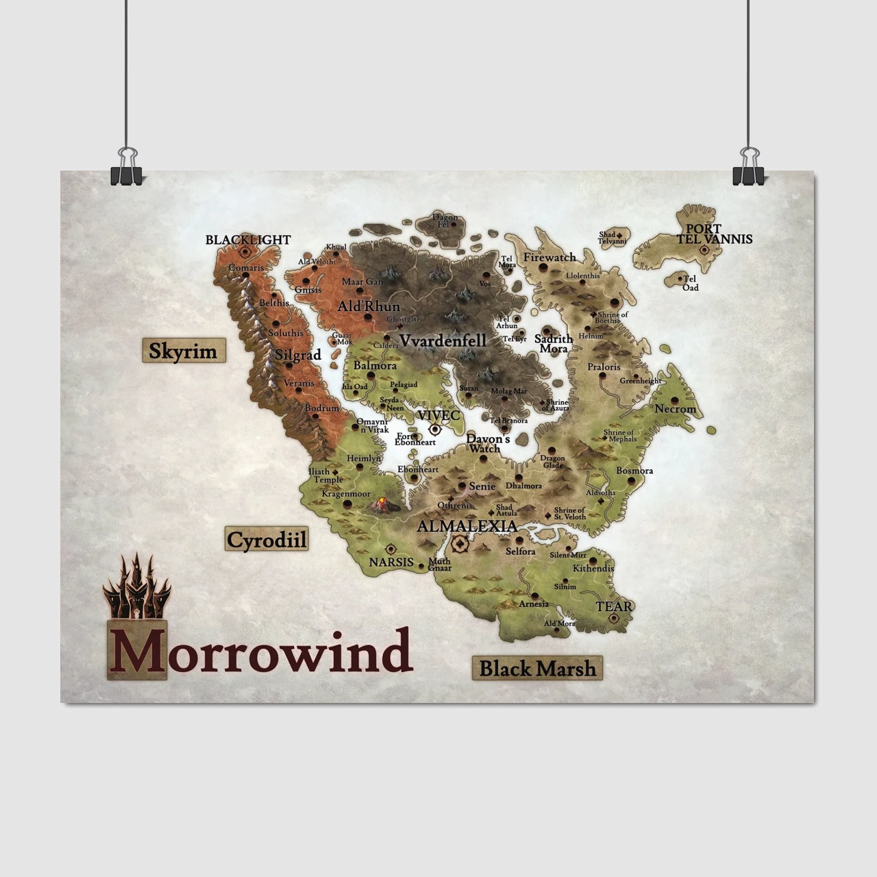 Плакат "Морровінд, карта, Стародавні Сувої 3, The Elder Scrolls III: Morrowind (2002)", 60×43см