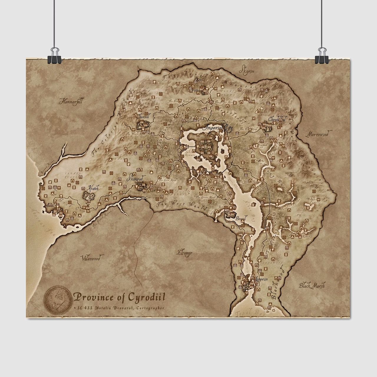 Плакат "Карта провінції Сироділ, Тамріель, Cyrodiil, Oblivion, Elder Scrolls", 48×60см
