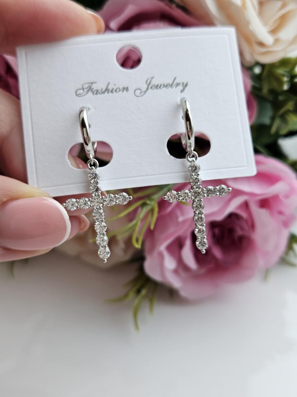 Сережки хрестики з камінням медово-червоний колір срібло, фото 1