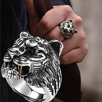 Модне чоловіче срібний перстень кільце в стилі панк ретро з головою тигра