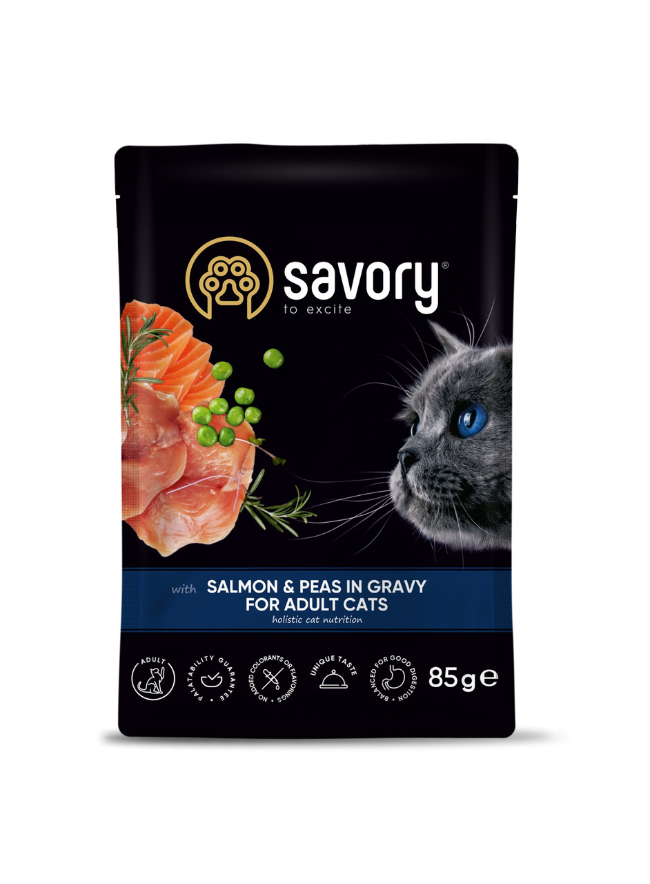 Вологий корм Savory для дорослих котів, лосось з горошком у соусі, пауч, 85 г