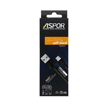 Кабель Aspor A72 USB to Micro USB 2A 25 см глянсовий чорний (для повербанка)