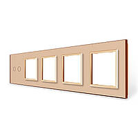 Рамка 5-постова для одного 2-сенсорного вимикача і чотирьох розеток (2-0-0-0-0) LIVOLO, загартоване скло, золота, 365×80 мм