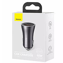 АЗП Baseus Golden Contactor Max Dual Fast Charger Car Charger U+C 60W Dark Gray, фото 3