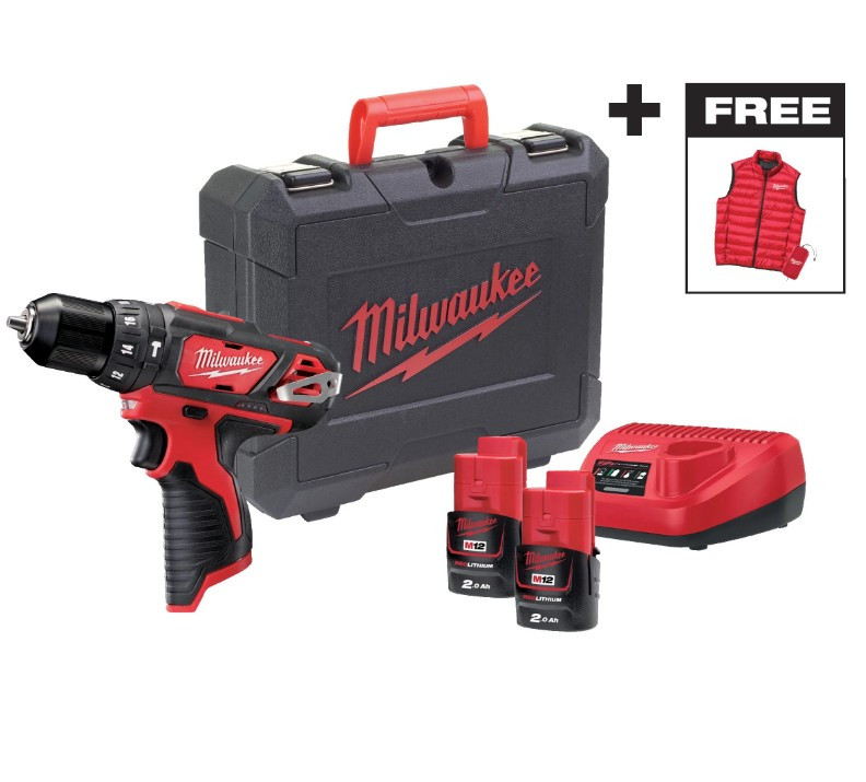 Дриль-шурупокрут з ударом акумуляторний MILWAUKEE, M12 BPD-202C (+ заряд.пристрій, 2 акум., кейс) + жилетка