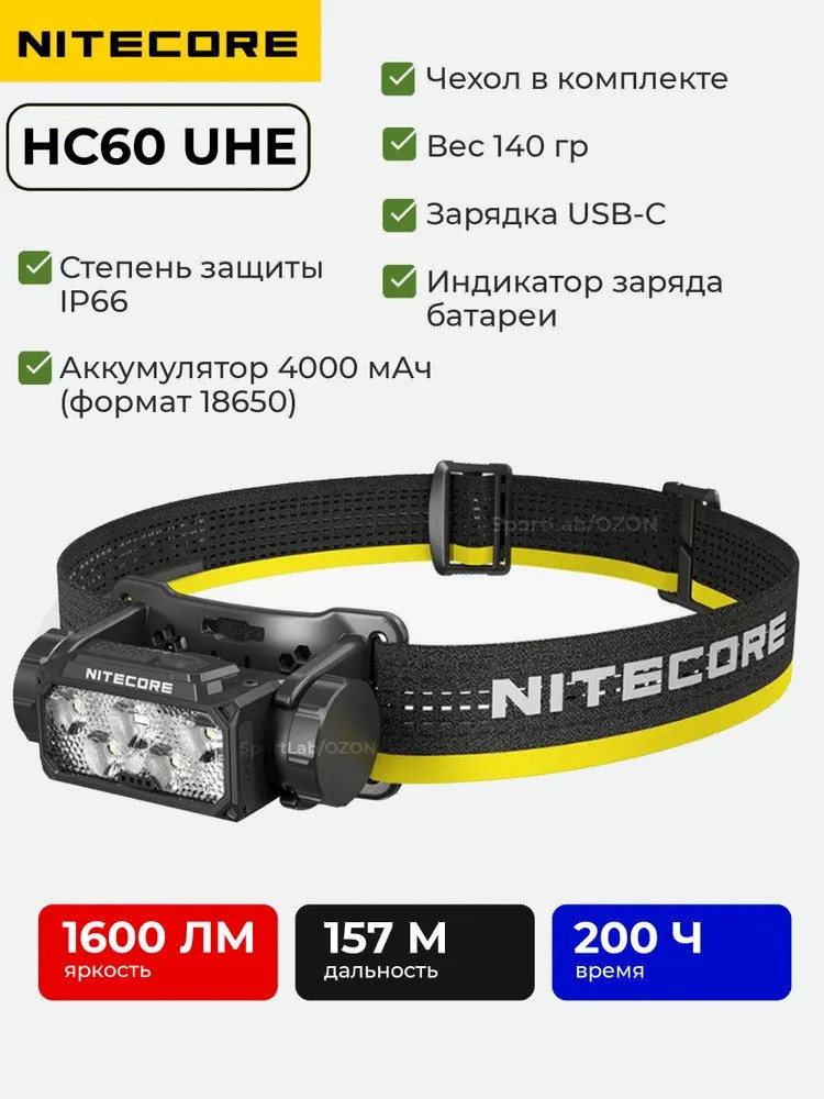Налобний ліхтар Nitecore HC60 UHE + КЕЙС (1600LM, 6х UHE LED, USB-C, 4000mAh Акумулятор 18650, Червоне світло)