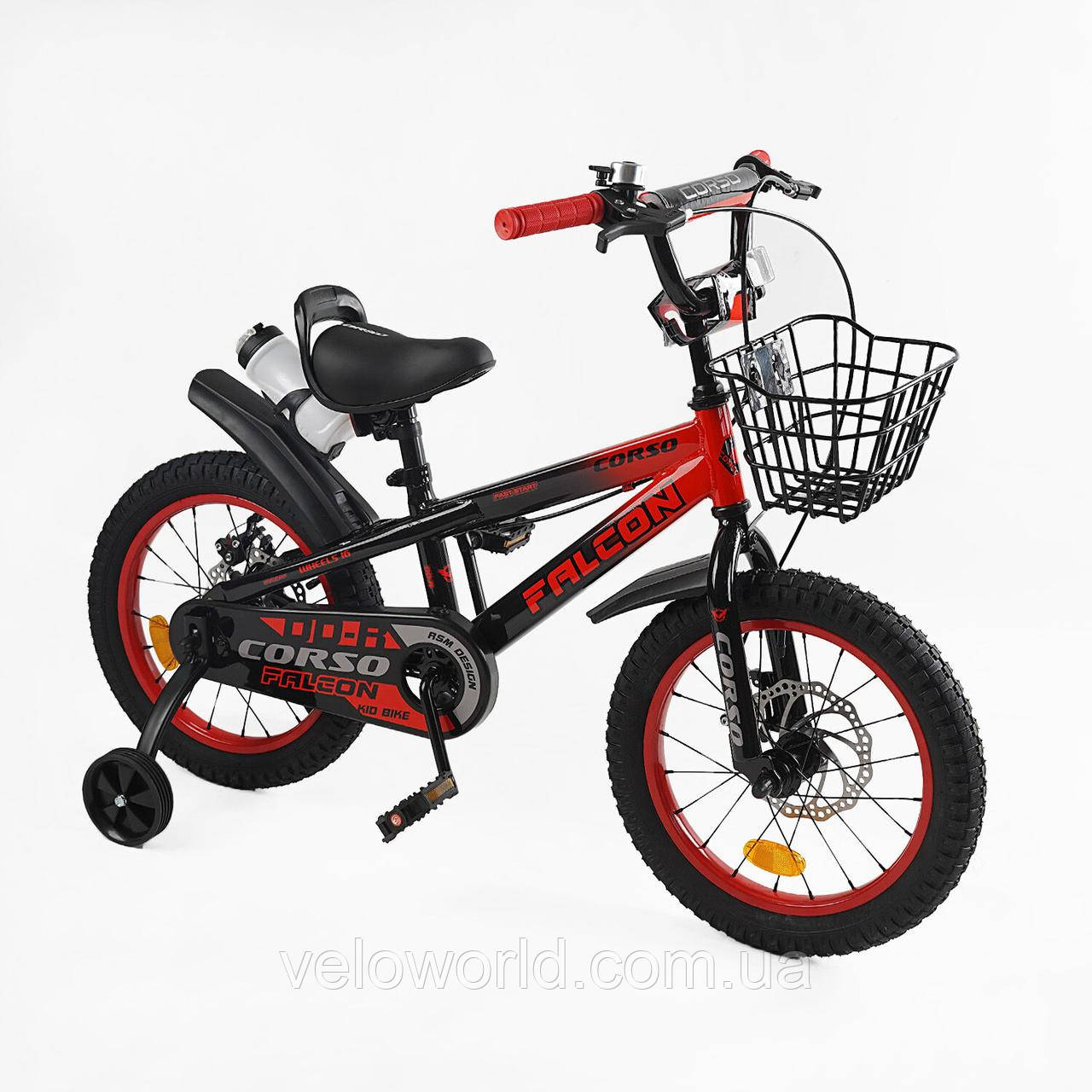 Дитячий велосипед Corso Falcon 16" дюймів FL-16360 (1) дискові гальма, пляшечка, додаткові колеса, кошик, зібран на 85%