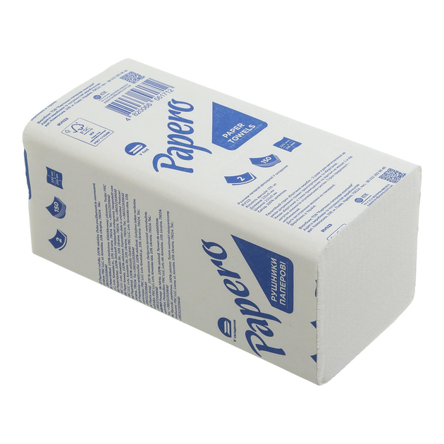 Рушники листові V-укладання, 21х19 см, білі, 2-шарові, з целюлози Papero (150 шт./уп.)