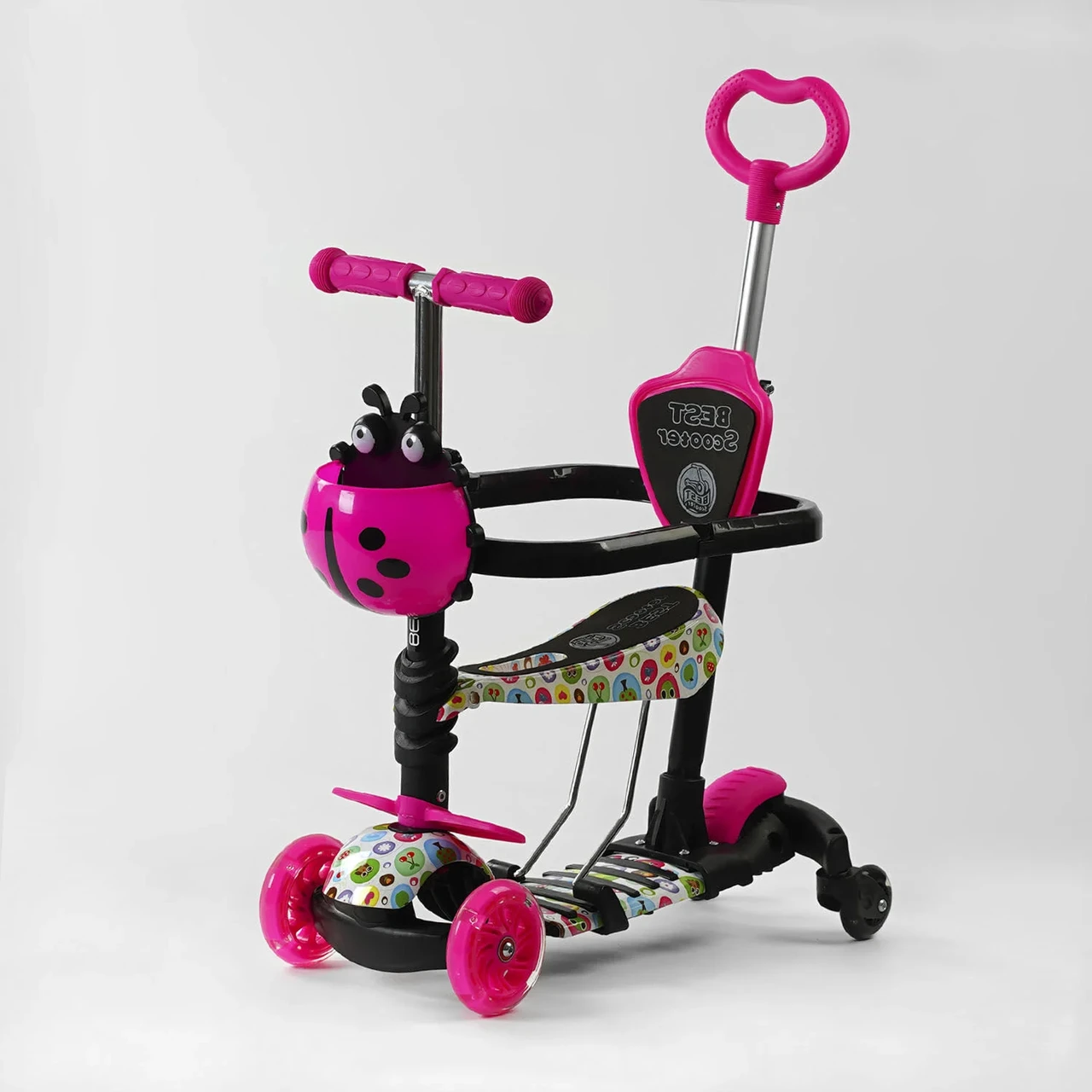 Дитячий триколісний самокат 5в1 Best Scooter LS-67367 з дод.колісами та батьківською ручкою, рожевий