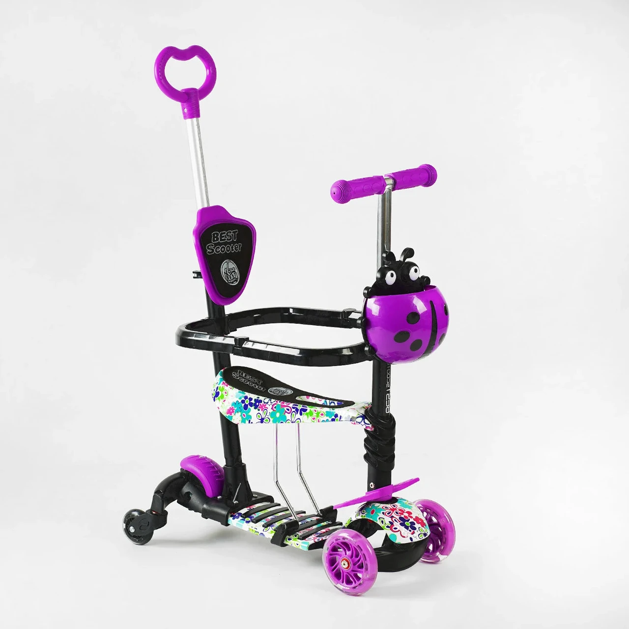 Дитячий триколісний самокат 5в1 Best Scooter LS-19029 з дод.колісами та батьківською ручкою, фіолетовий