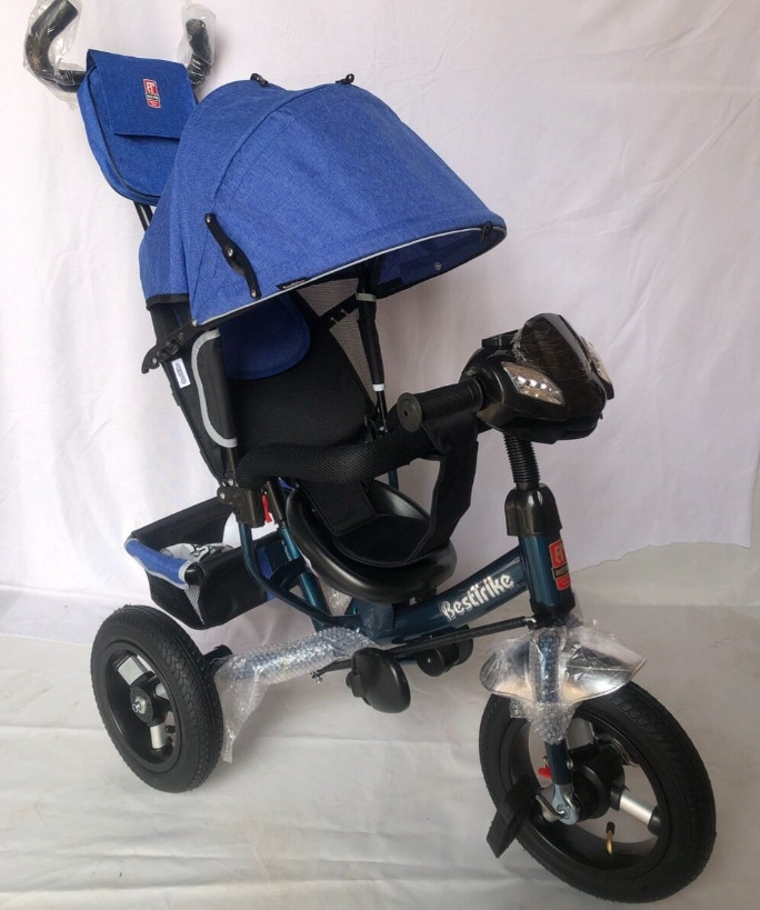 Велосипед коляска триколісний Best Trike 3390/24-129 на надувних колесах/ є ФАРА з USB/синій