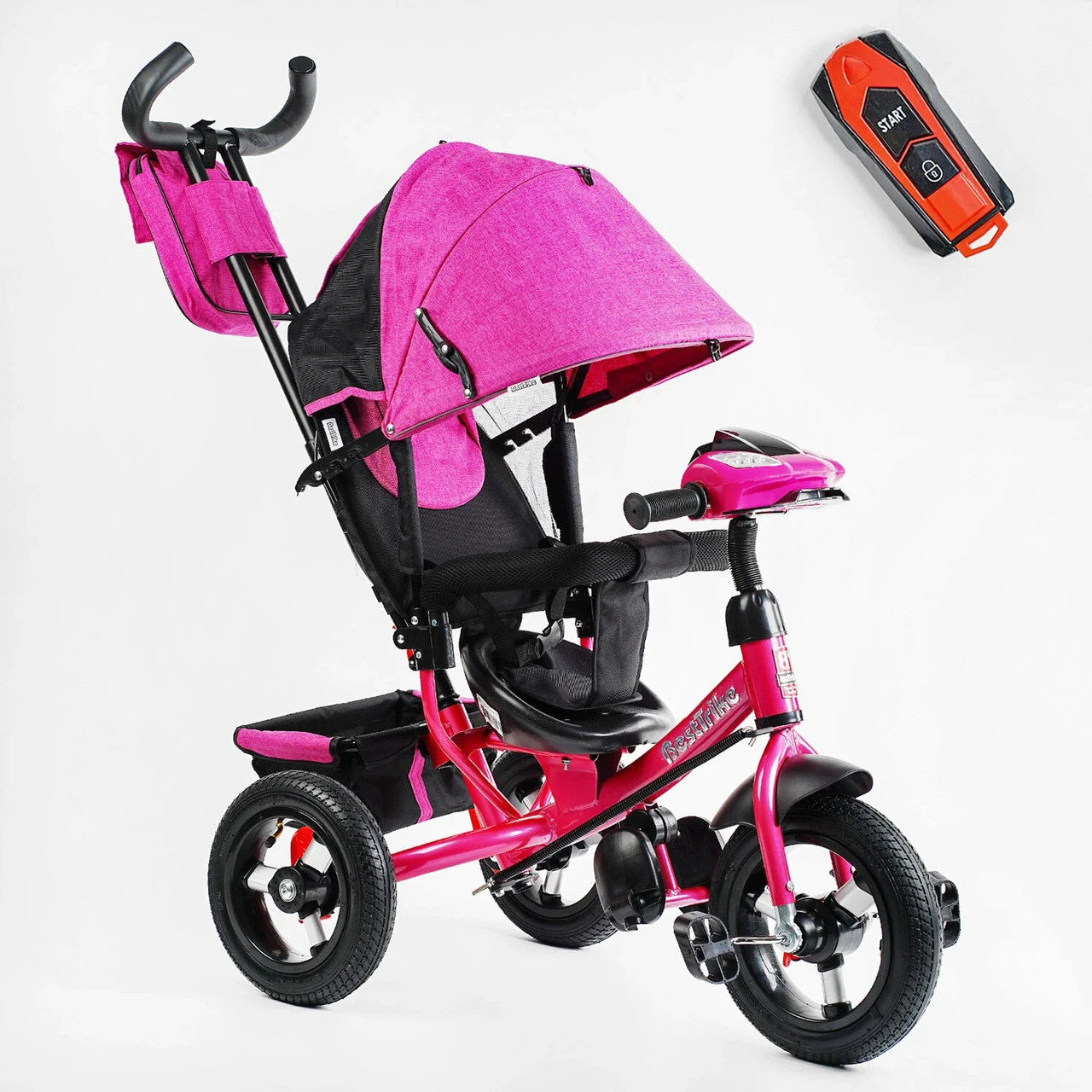Велосипед-коляска триколісний Best Trike 3390/18-344 на надувних колесах/ФАРА з USB/малиновий для дівчинки