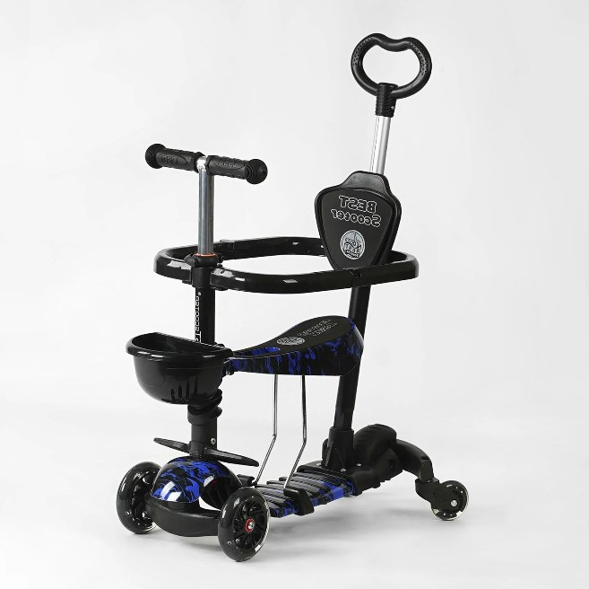 Самокат дитячий триколісний із сидінням 5в1 Best Scooter LS-03369 з додатковими колесами/чорний із блакитним