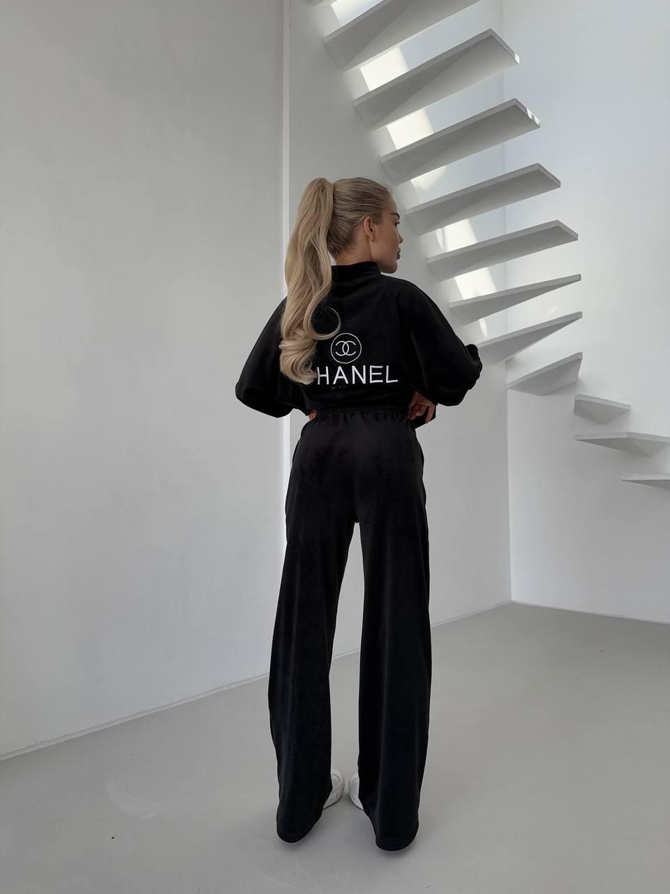 Жіночий велюровий м'який костюм для прогулянок CHANEL велюр подовжена кофта на блискавці штани палаццо
