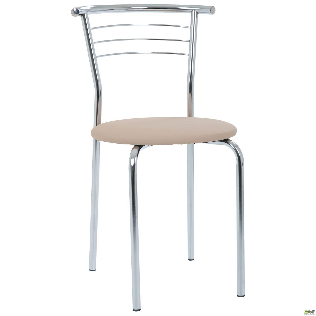 Стілець Маркос металевий для кафе, з м'яким сидінням, шкірзамінник бежевий, ніжки хром, фото 1