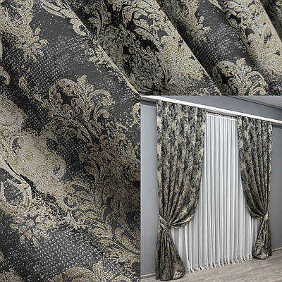 Комплект штор (2шт. 1,5х2,9м.) "Льон Преміум", Туреччина. Колір чорний з бежевим. Код 1694ш 33-0594