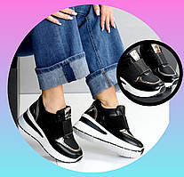 Снікерси чорні жіночі на танкетці весна-літо з білою підошвою зручні стильні кросівки Viki