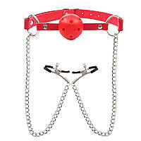 Кляп шарик с зажимами для сосков BDSM секс Бдсм атрибуты Красного цвета Sexshop TFA
