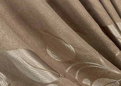 Шторна тканина льон рогожка "Листя". Колір карамельний. Код 1686ш