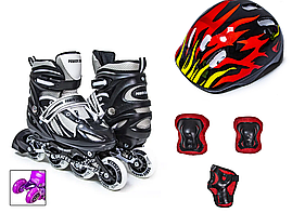 Дитячі ролики із подвійними колесами + захист + шолом Power Champs. Чорний колір. Розмір 29-33