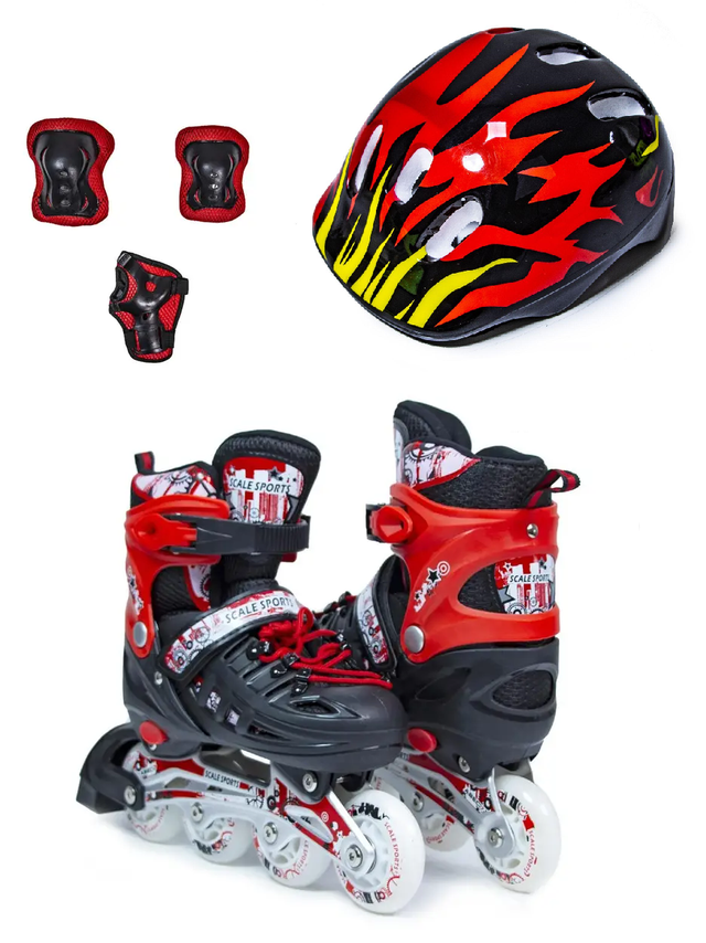 Дитячі спортивні ролики + захист + шолом Scale Sport. Чорно-червоні. Розміри 29-33 / 38-41