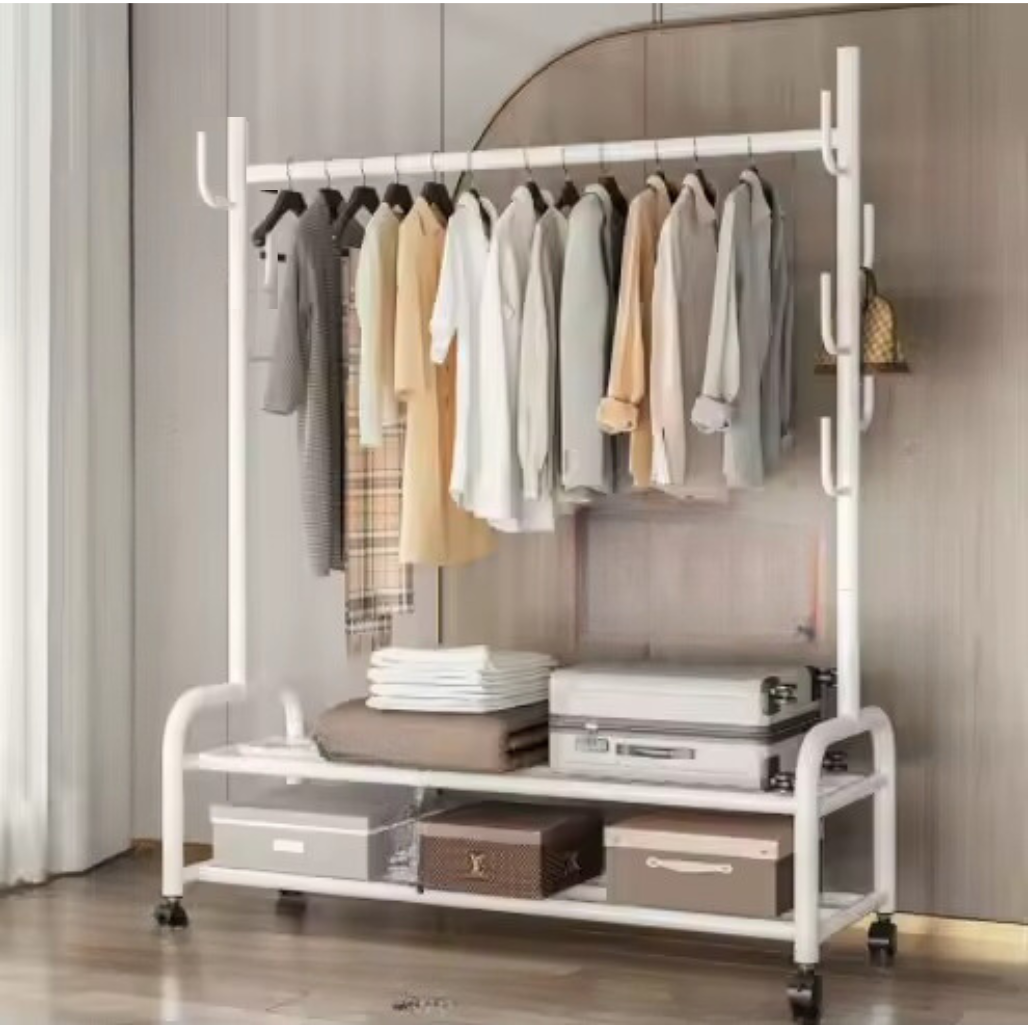 Вішалка для одягу на дві полиці для взуття, гачками для аксесуарів і поперечиною для тремпелів колір білий УЦІНКА, фото 1