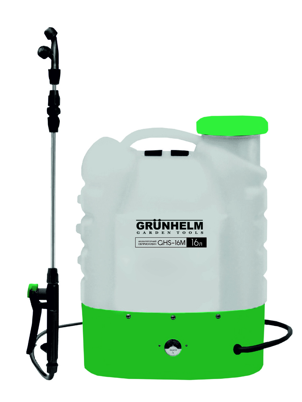 Обприскувач акумуляторний Grunhelm GHS-16M, 16 л, 2-4 Бар, 6 насадок, ранцевий, акумулятор 8Ah/12V