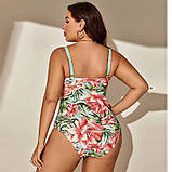 Купальник жіночий 9xl 66 суцільний суцільний з квітами бірюзовий ліф із поясом великий розмір, фото 2