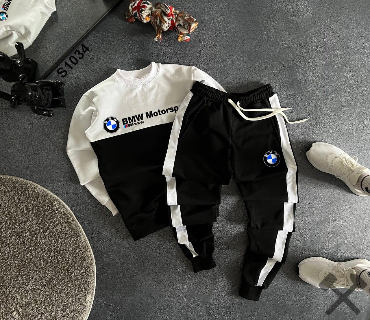 Чоловічий спортивний костюм BMW Світшот + Штани чорно-білий БМВ без капюшона весняний осінній