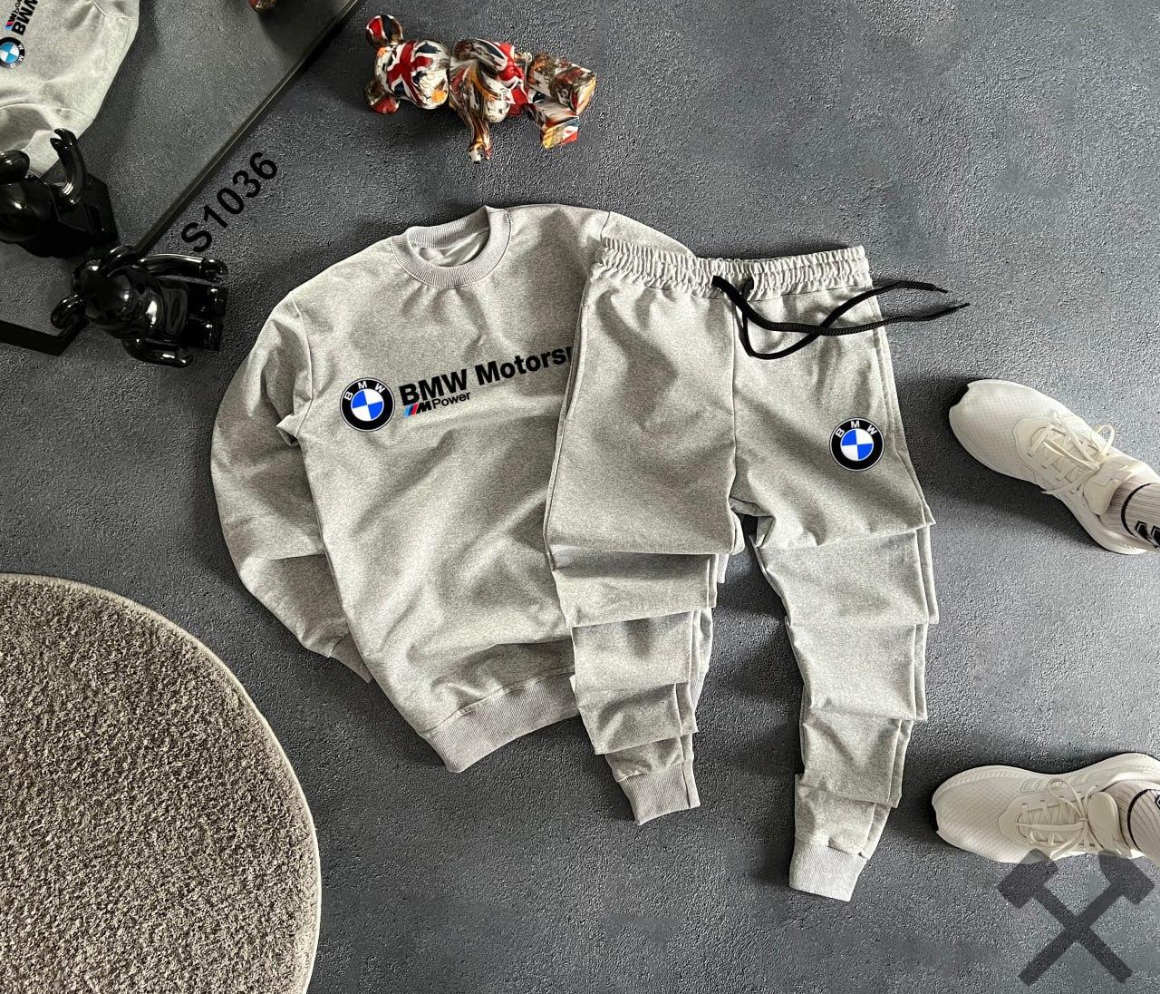 Чоловічий спортивний костюм BMW Світшот + Штани сірий БМВ без капюшона весняний осінній