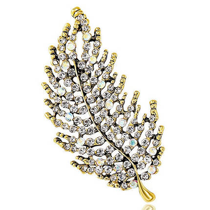 Брошка на золотистій основі листочок із камінчиками, що переливаються, розмір виробу 70х35 мм, фото 1