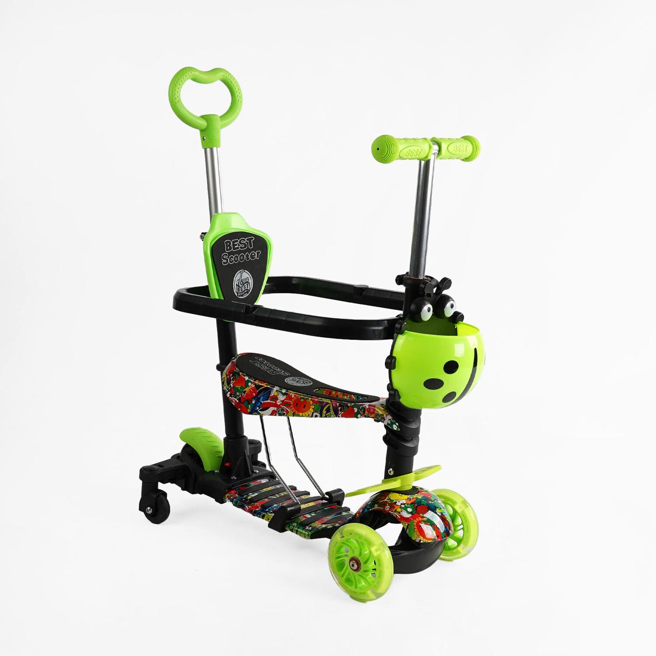 Дитячий триколісний самокат трансформер 5в1 Best Scooter LS-76235 із сидінням і бампером, салатовий