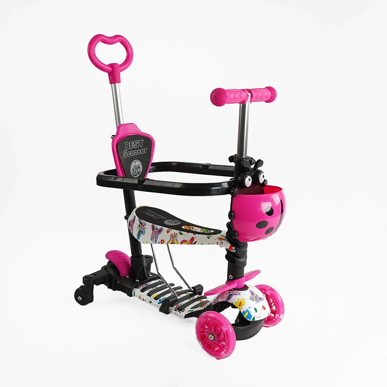Дитячий триколісний самокат трансформер 5в1 Best Scooter LS-74050 із сидінням і бампером, рожевий