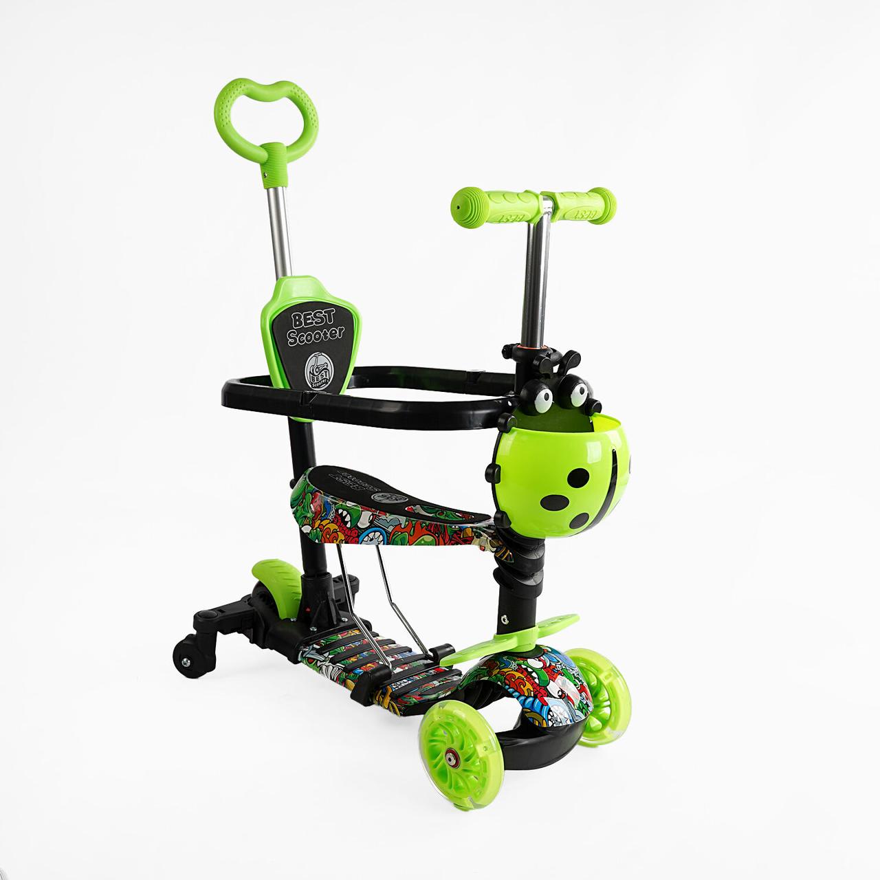 Дитячий триколісний самокат трансформер 5в1 Best Scooter LS-72300 із сидінням і бампером, салатовий