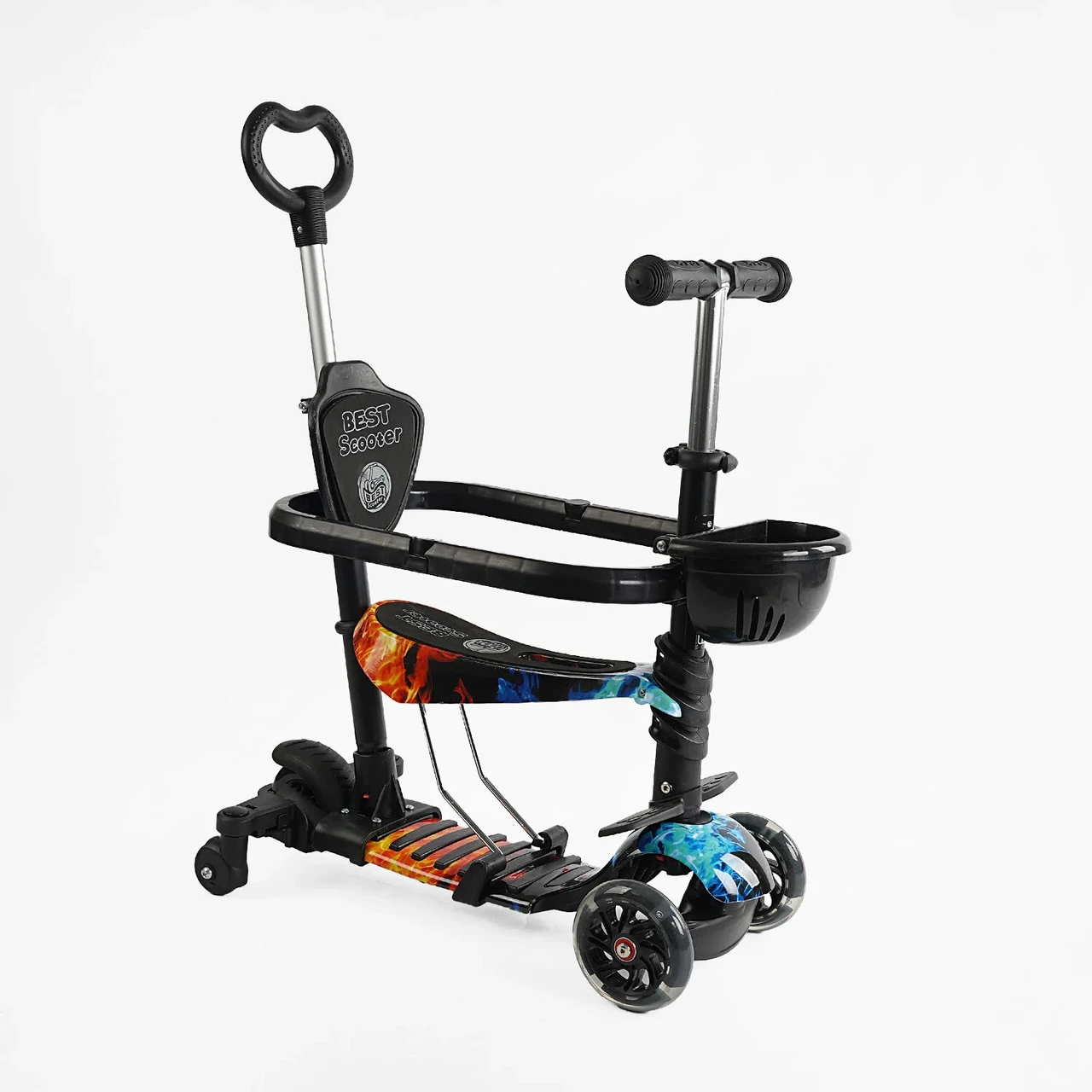 Дитячий триколісний самокат трансформер 5в1 Best Scooter LS-71100 із сидінням і бампером, чорний